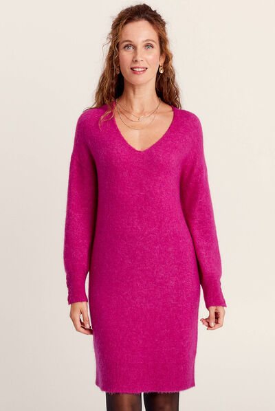 Robe pull droite col en V rose fushia femme