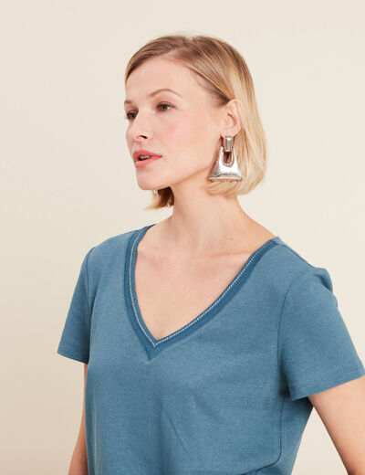 T-shirt manches courtes col en V bleu pétrole femme