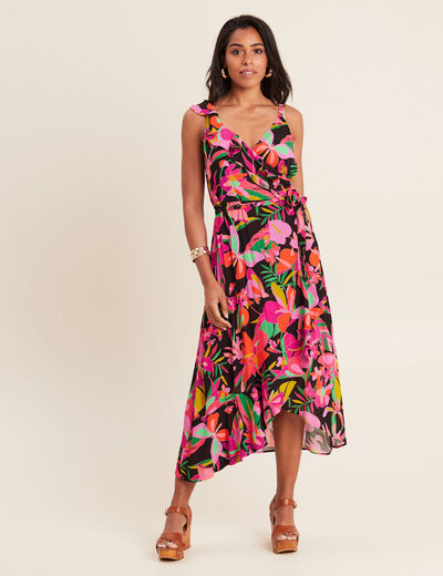 Robe longue portefeuille rose fushia femme