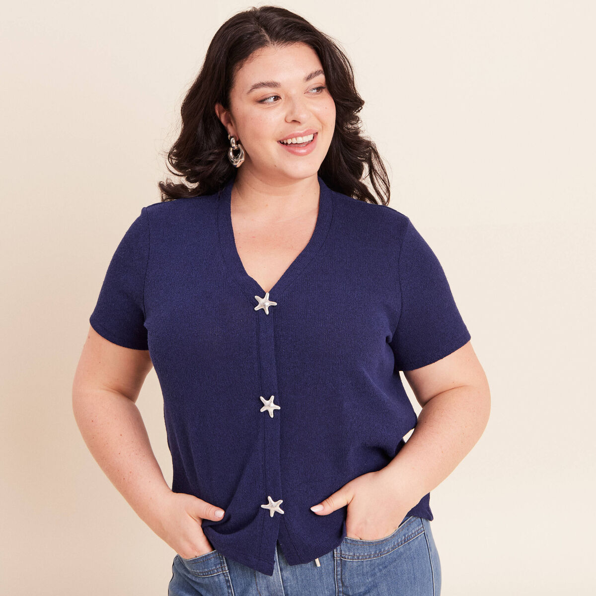 T-shirt col v manches courtes bleu marine femme