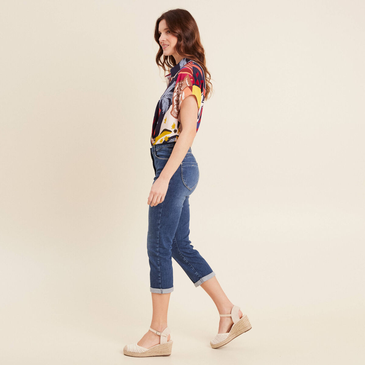 Pantacourt magique L'Unique ajust&eacute; denim double stone femme