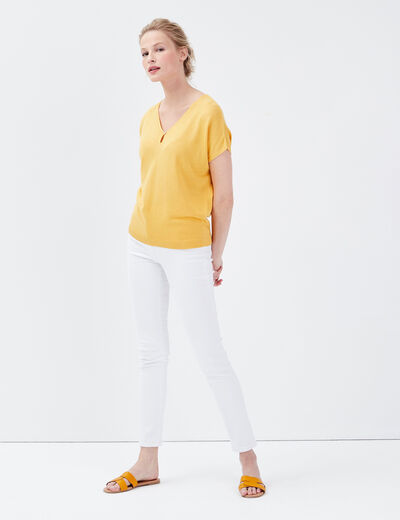 Pull manches courtes jaune moutarde femme