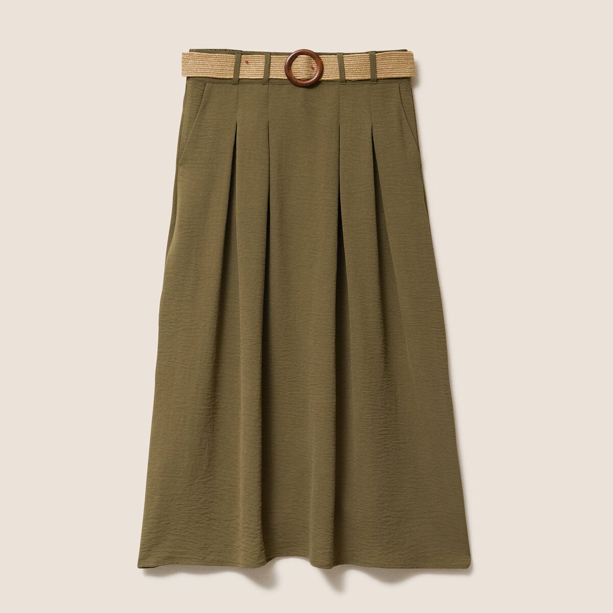 Jupe longue &eacute;vas&eacute;e ceintur&eacute;e vert kaki femme
