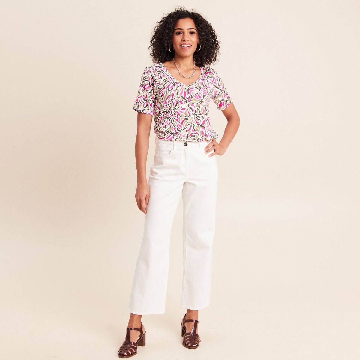 T-shirt col V manches courtes vert kaki femme