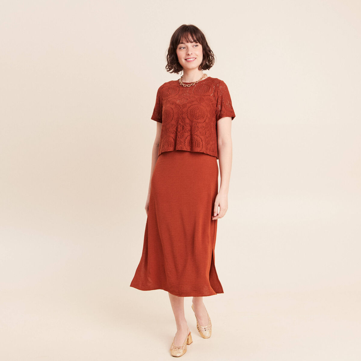 Robe 2 en 1 col rond marron fonc&eacute; femme