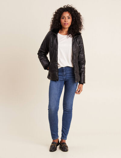 Doudoune à capuche simili cuir noir femme