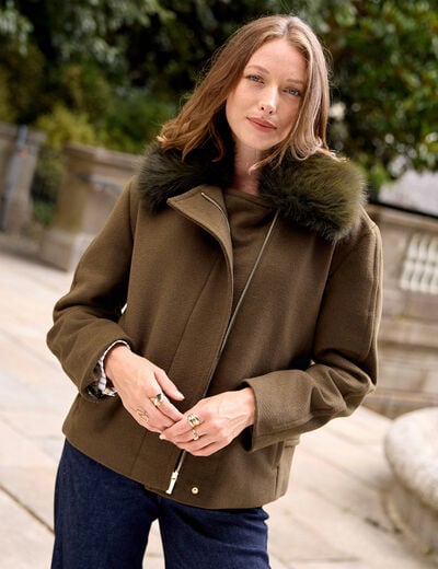 Manteau manches longues col fourrure vert kaki femme