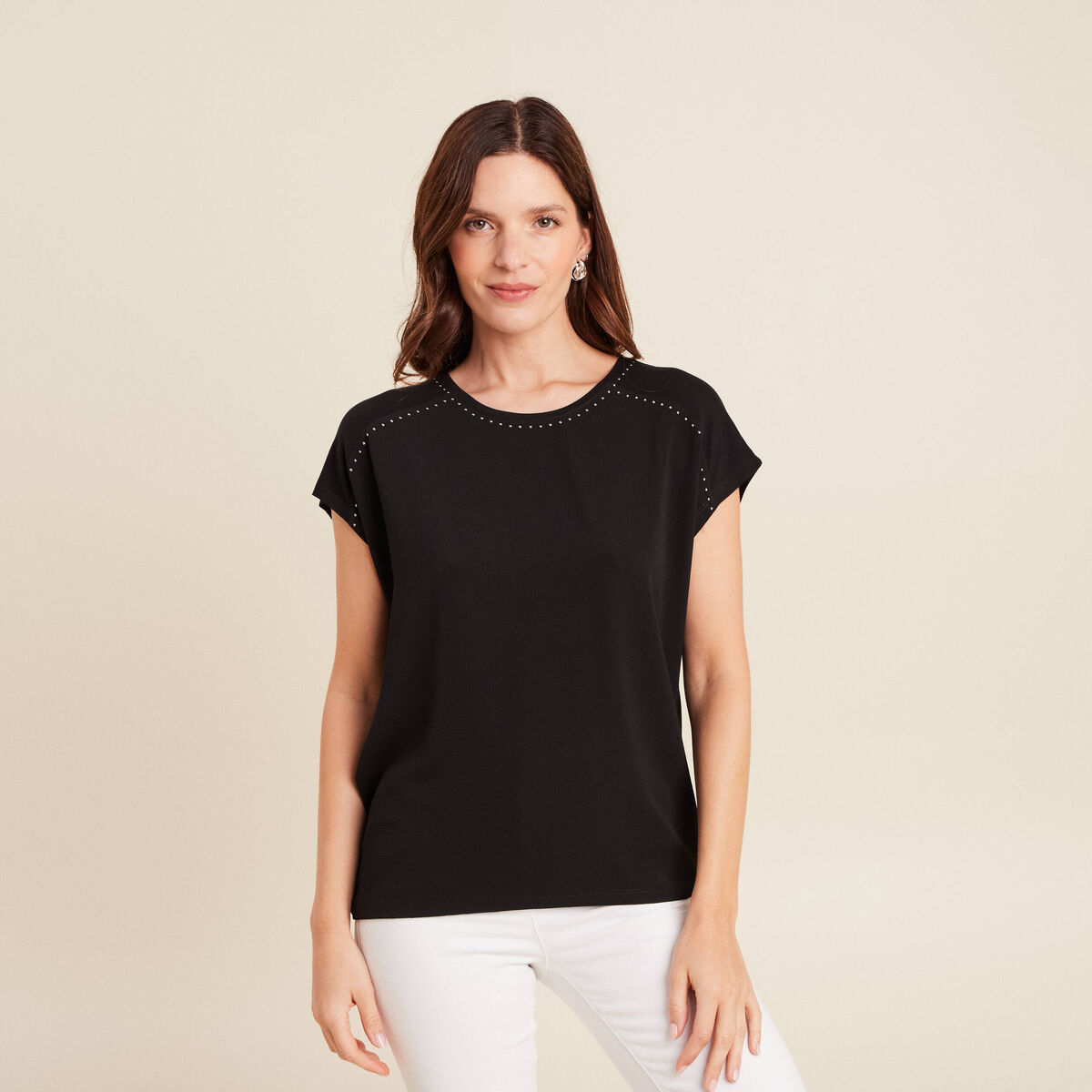 T-shirt bi-mati&egrave;re manches courtes noir femme