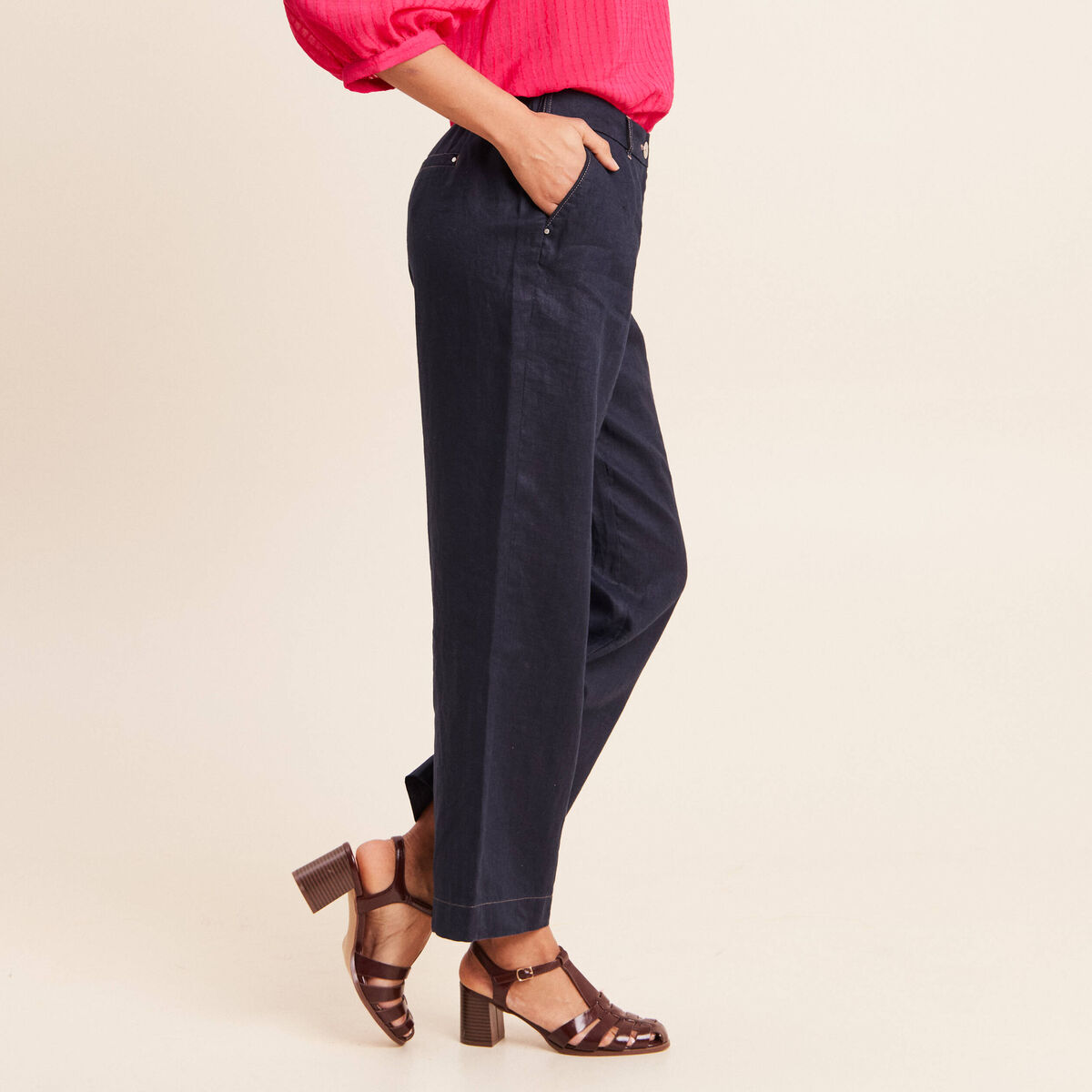 Pantalon large taille standard bleu fonc&eacute; femme