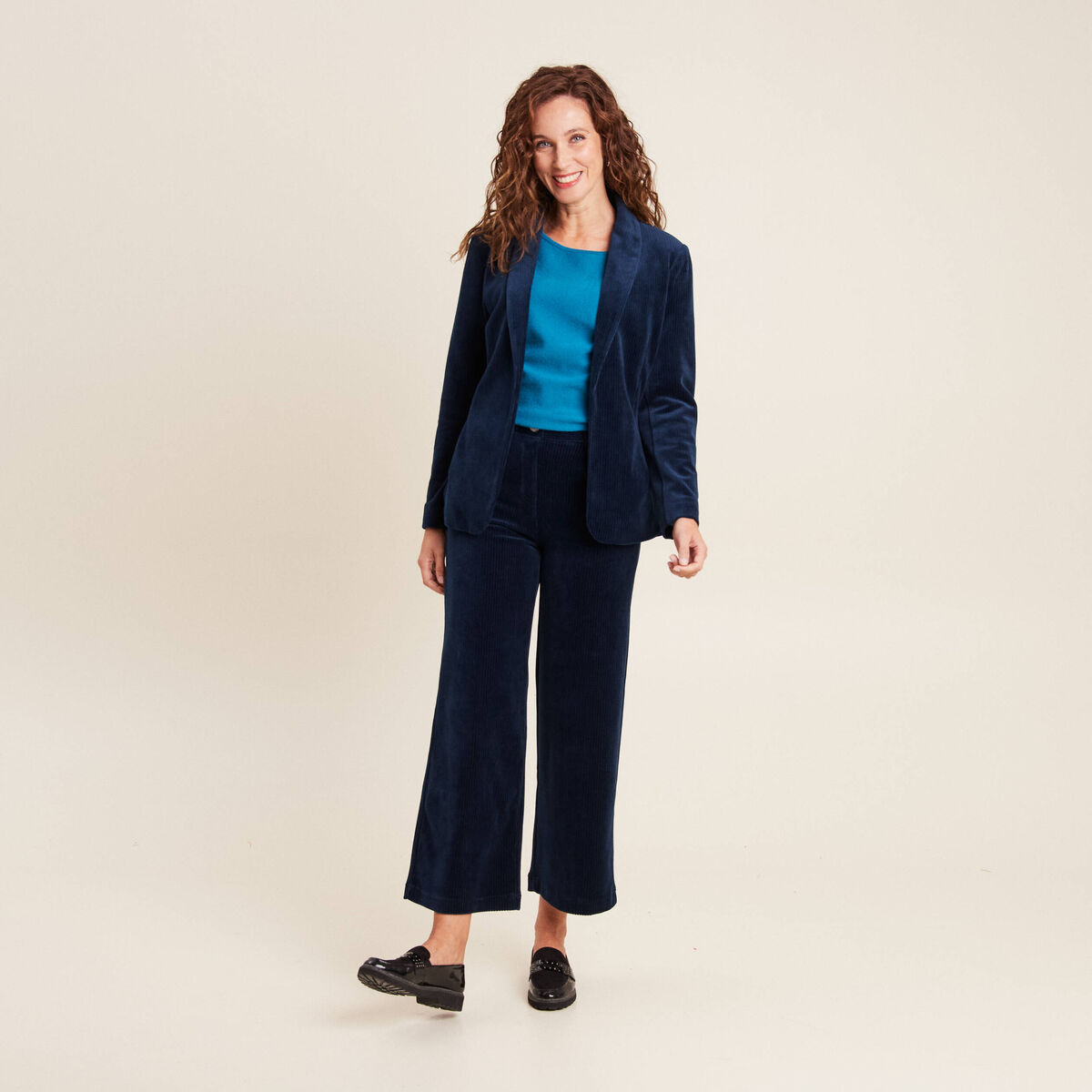 Veste tailleur velours bleu marine femme