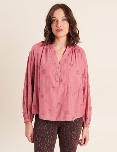 Blouse ample manches longues brod&eacute;e mauve femme