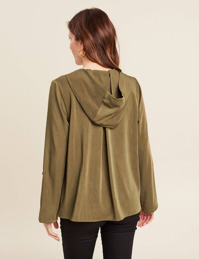 Blouse manches 3/4 à capuche vert olive femme