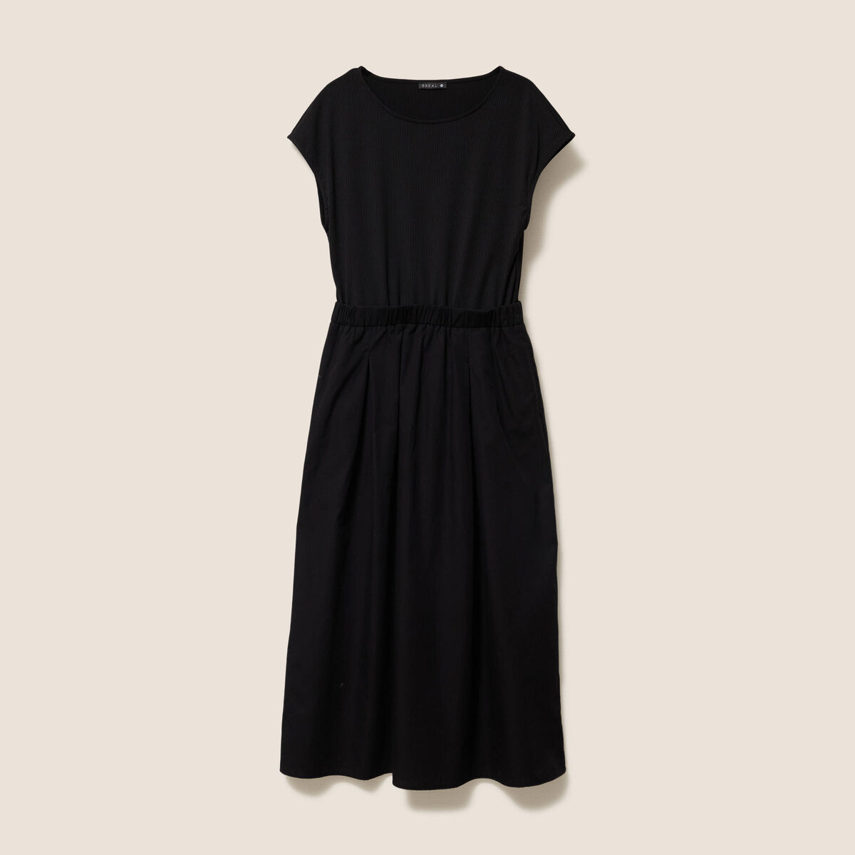 Robe longue évasée bi-matière noir femme