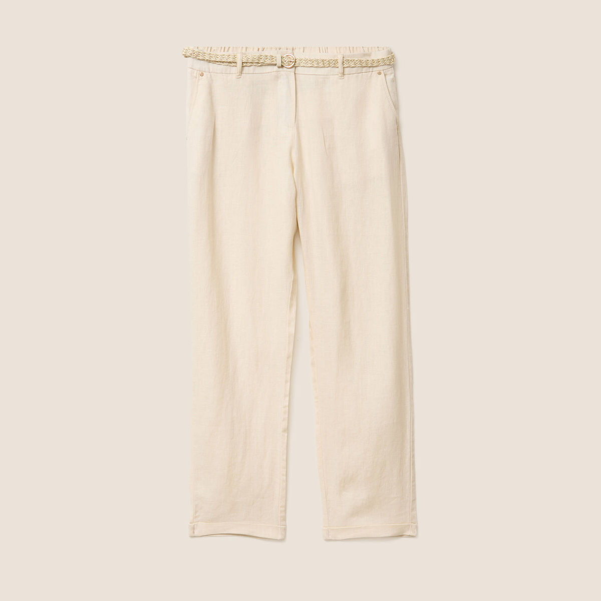 Pantalon coupe chino en lin ceintur&eacute; beige femme