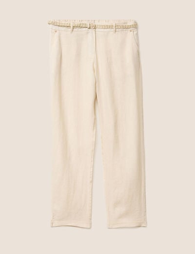 Pantalon coupe chino en lin ceintur&eacute; beige femme