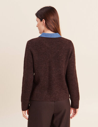 Veste col chemise manches longues marron fonc&eacute; femme