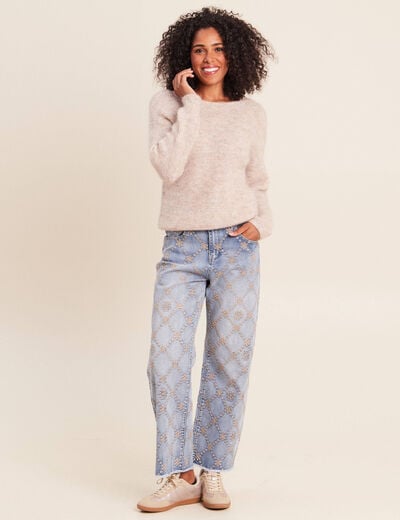 Pull droit col rond manches longues creme femme