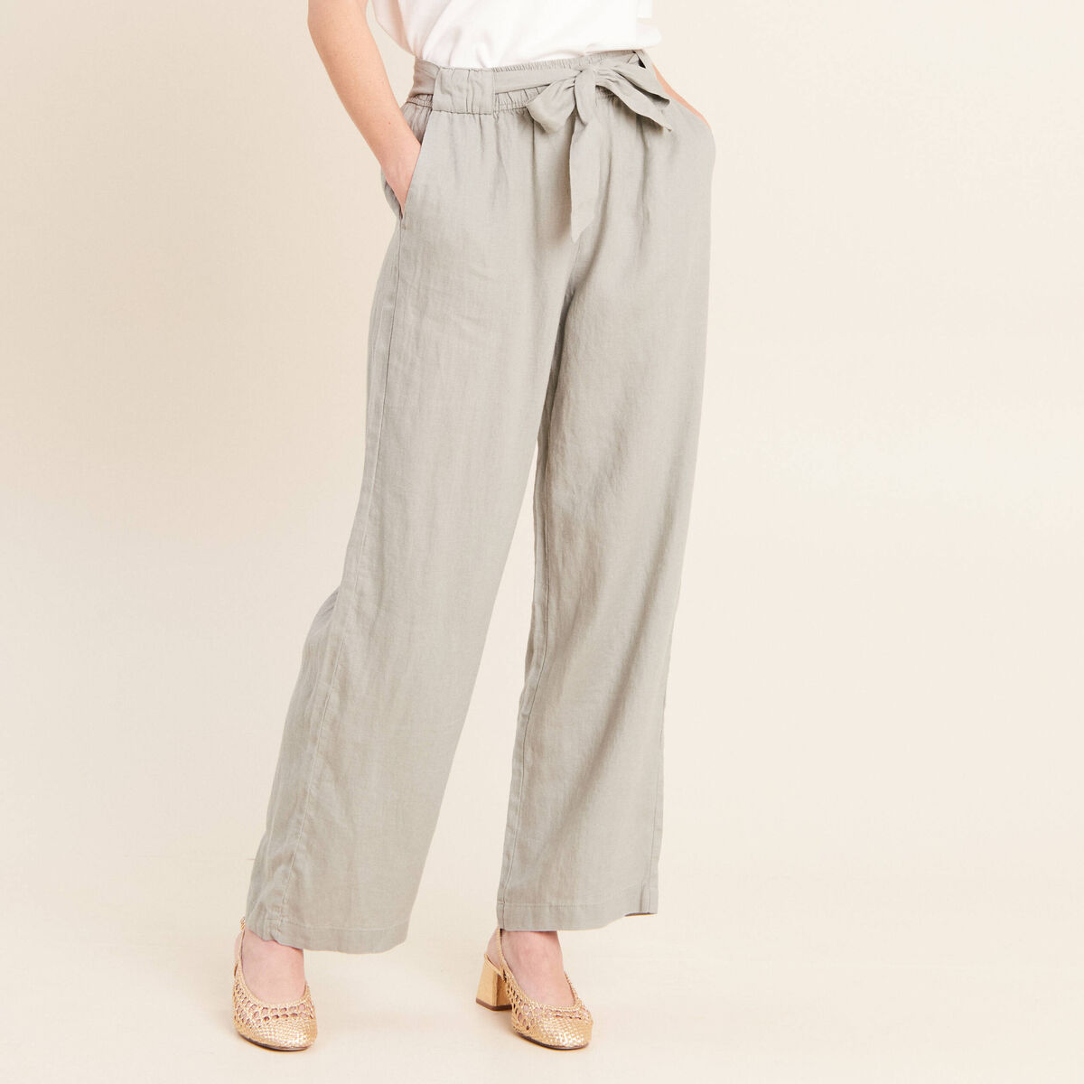 Pantalon large taille haute aspect lin vert clair femme