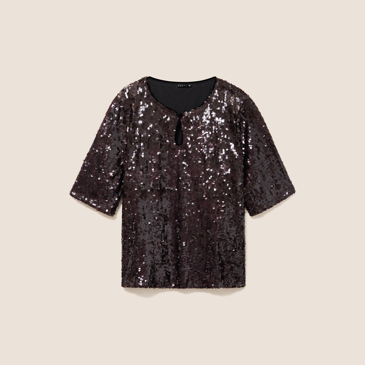 T-shirt &agrave; sequins manches courtes marron fonc&eacute; femme