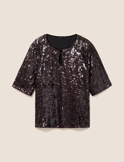 T-shirt &agrave; sequins manches courtes marron fonc&eacute; femme