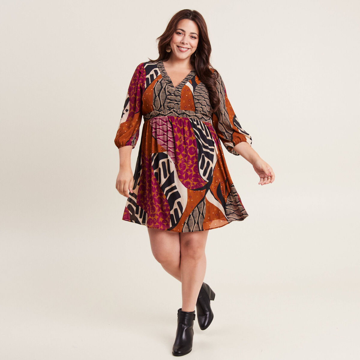 Robe &eacute;vas&eacute;e fluide manches 3/4 multicolore femme
