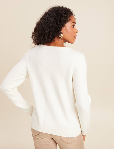 Pull brod&eacute; col rond manches longues ecru femme