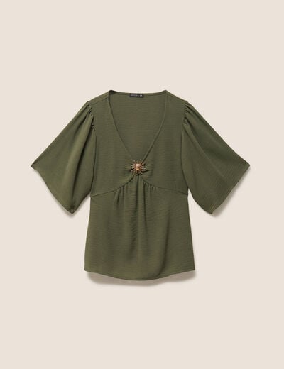 Blouse ample col v manches courtes vert kaki femme