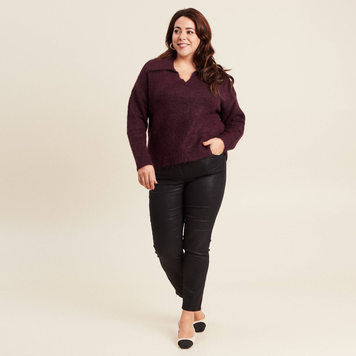Pull manches longues col polo bordeaux femme