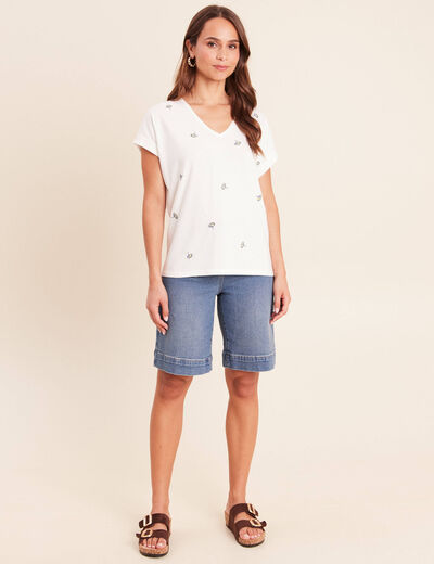 T-shirt col v broderie manches courtes ecru femme