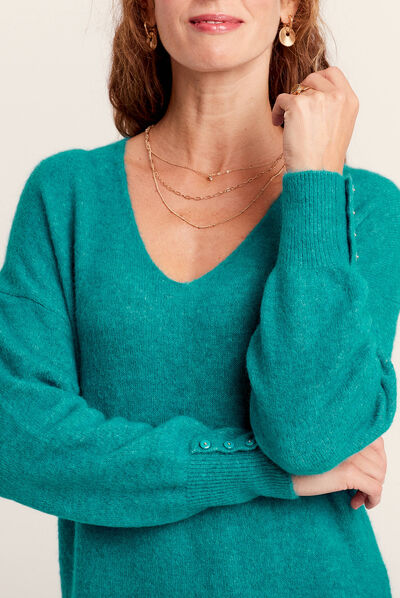 Robe pull droite col en V vert canard femme