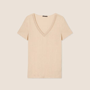 T-shirt manches courtes col en V sable femme