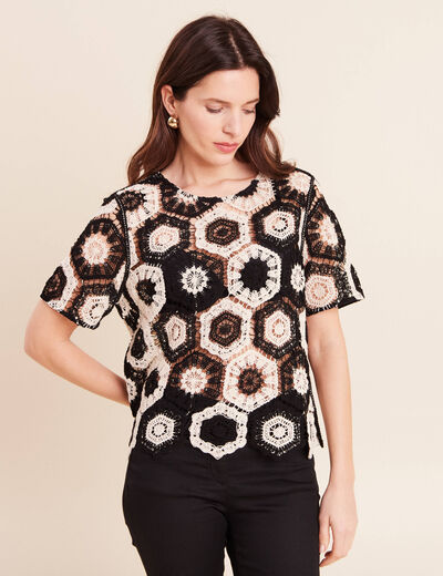 Blouse col rond manches courtes dentelle ecru femme