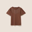 Blouse broderie col rond manches courtes marron femme