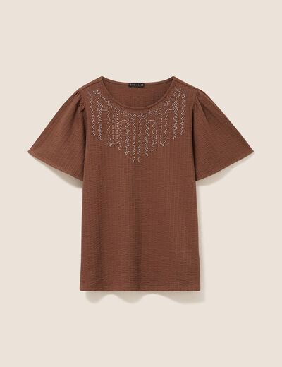 Blouse broderie col rond manches courtes marron femme