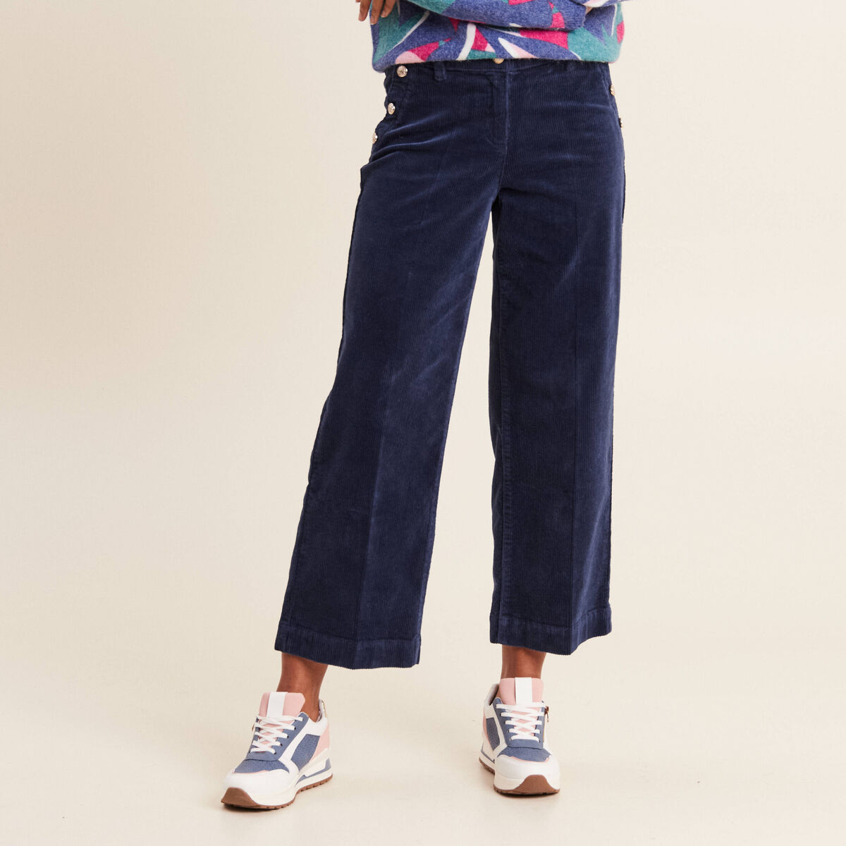Pantalon large velours c&ocirc;tel&eacute; bleu marine femme