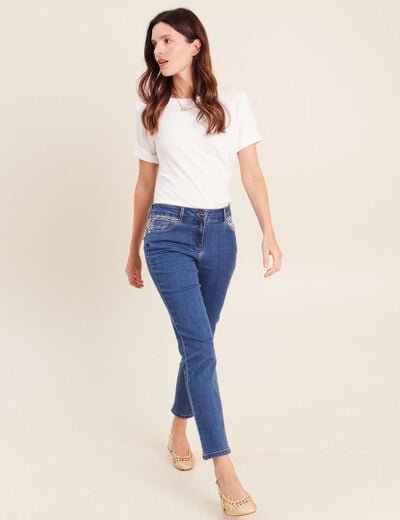 Jean ajust&eacute; 7/8&egrave;me taille bascul&eacute;e denim stone femme