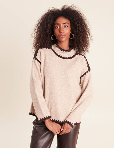 Pull col montant beige femme