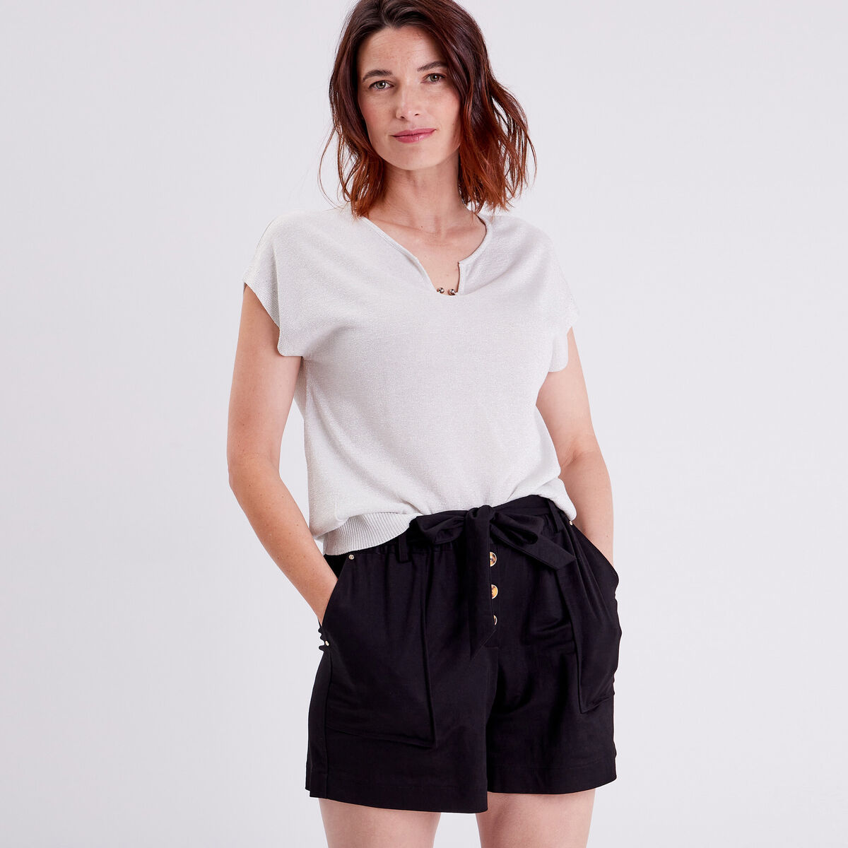 Pull &agrave; manches courtes ecru femme