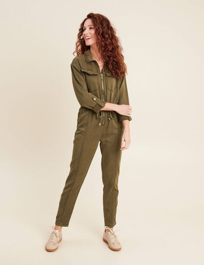 Combinaison pantalon zippée vert olive femme