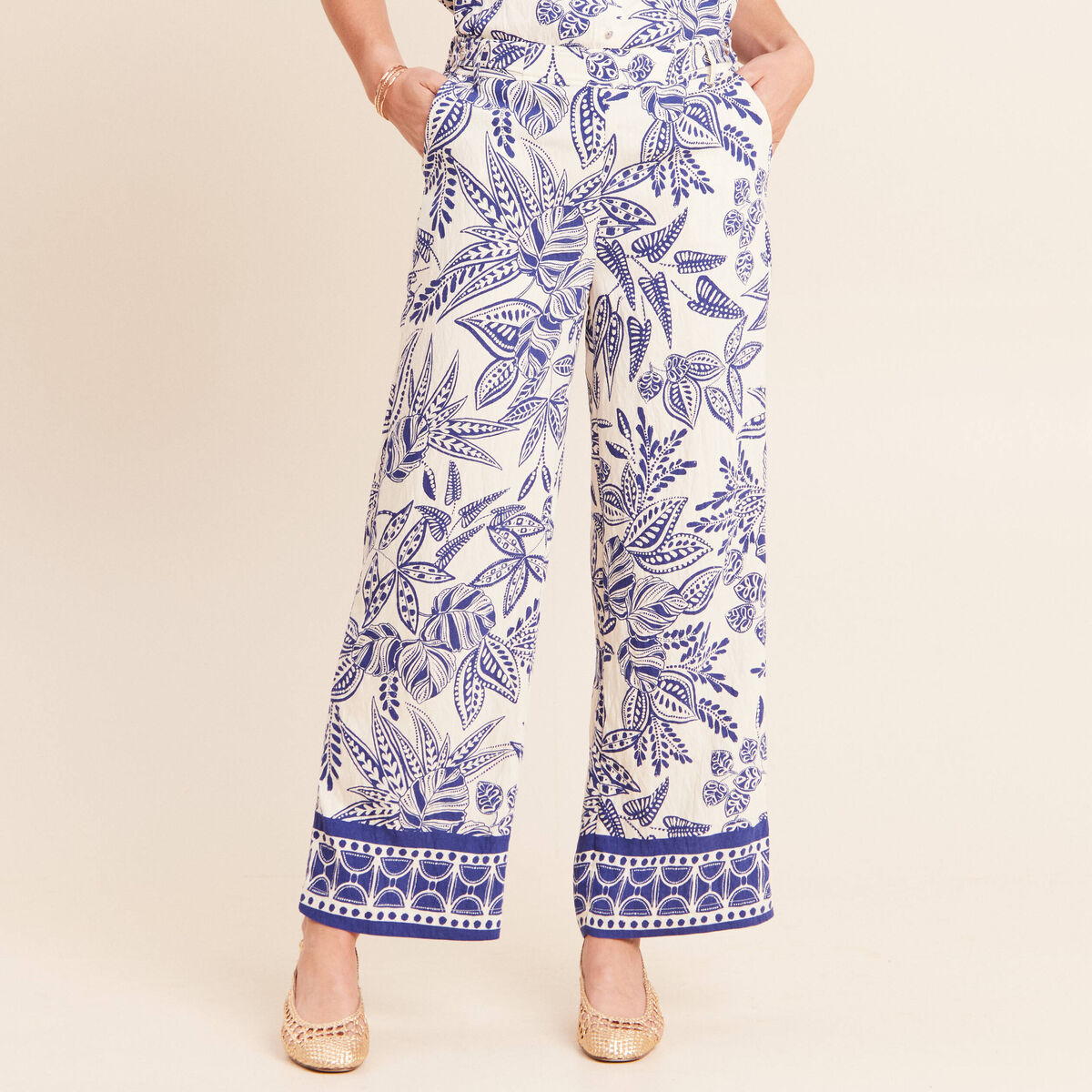 Pantalon large 7/8&egrave;me taille haute bleu femme