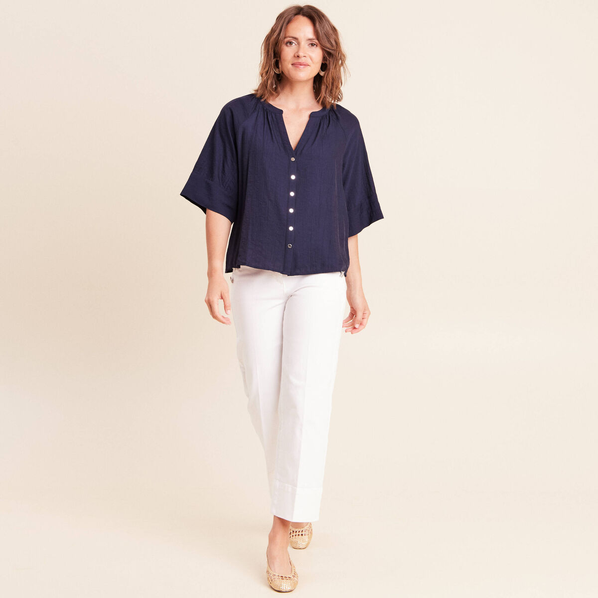 Blouse ample col v manches 3/4 bleu marine femme