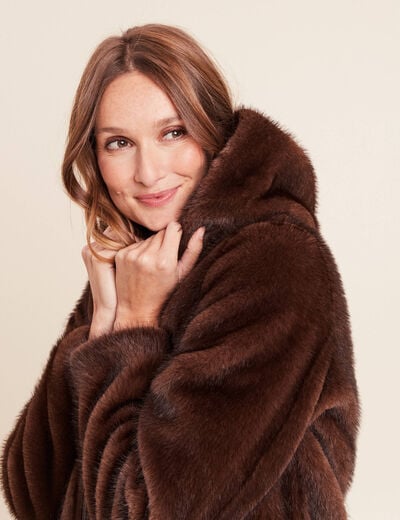 Manteau en fausse fourrure &agrave; capuche marron fonc&eacute; femme