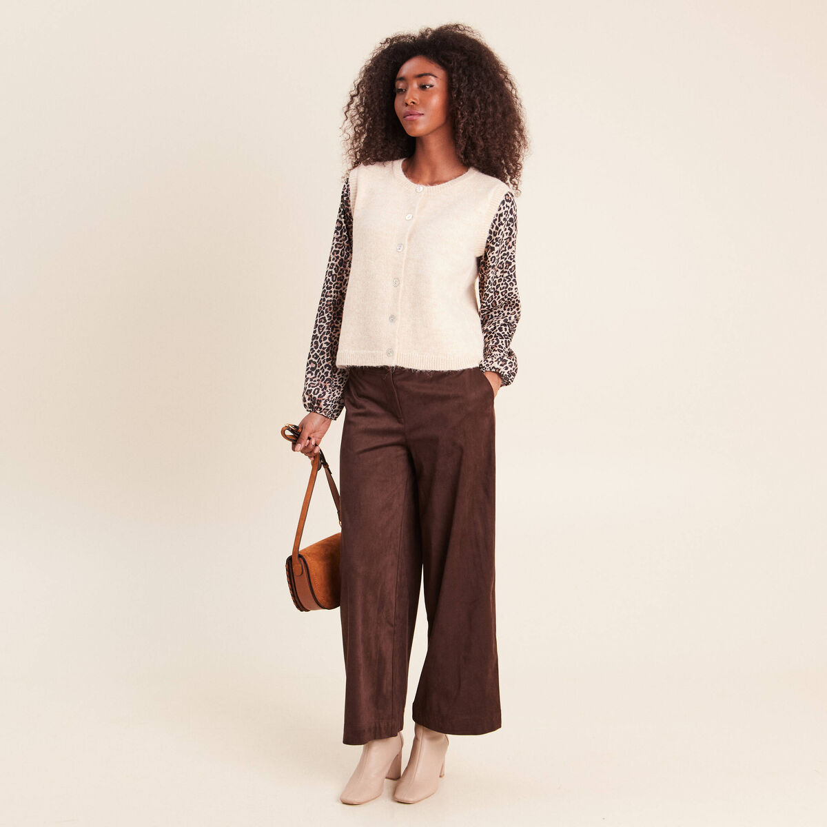 Pull col rond beige femme