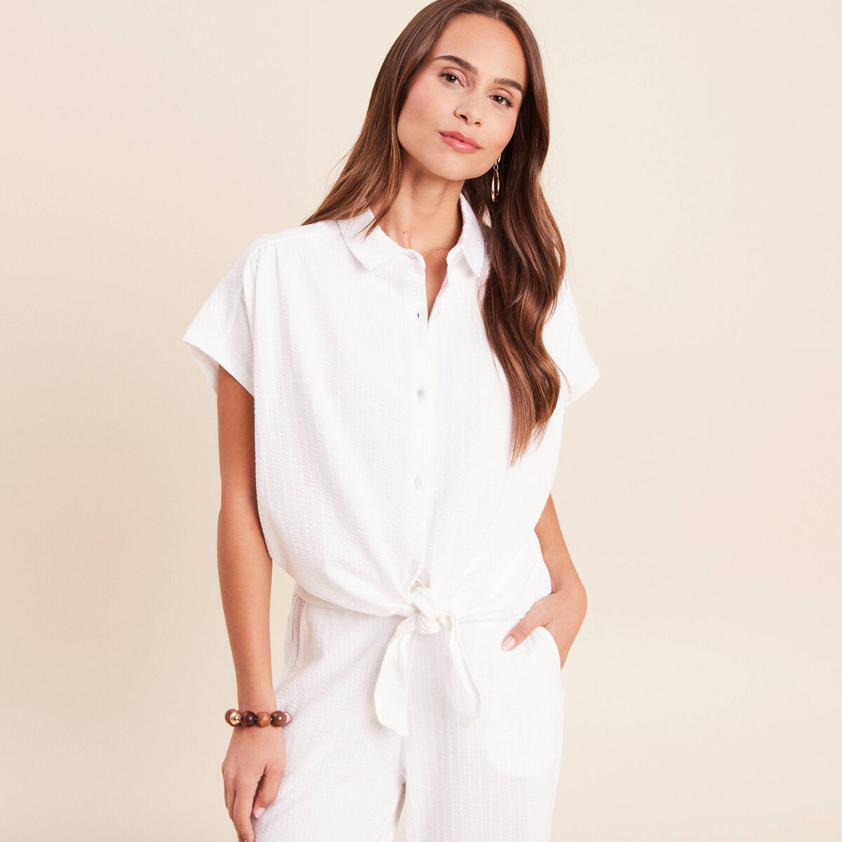 Blouse ample cropped col am&eacute;ricain blanc femme