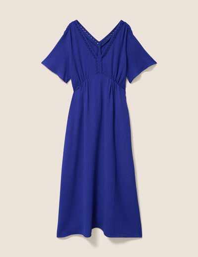 Robe longue &eacute;vas&eacute;e col v manches coudes bleu fonc&eacute; femme