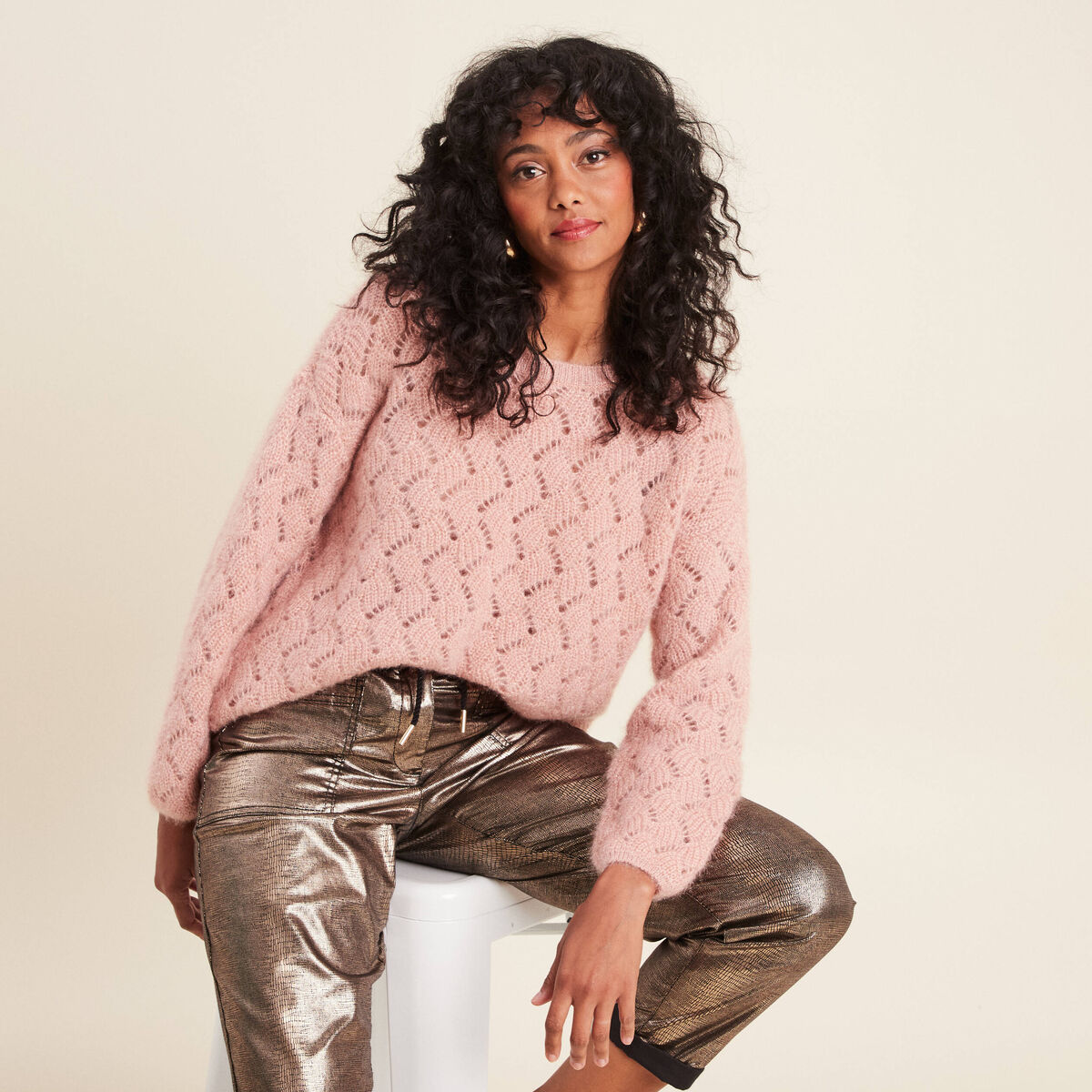 Pull manches longues ajour&eacute; vieux rose femme