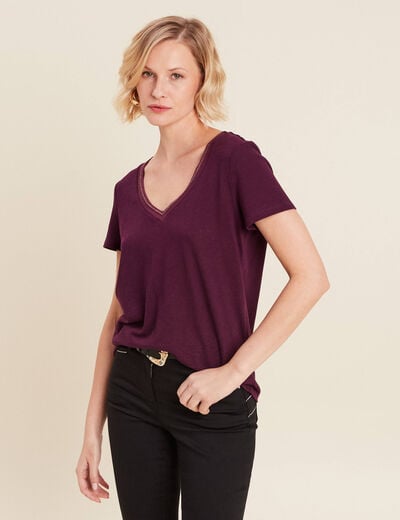 T-shirt manches courtes col en V violet foncé femme