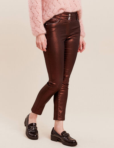 Pantalon ajusté aspect irisé marron foncé femme