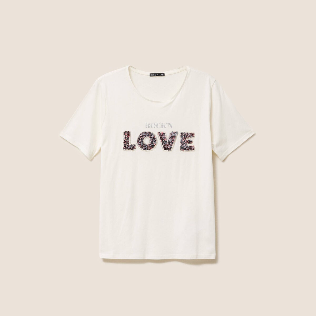 T-shirt &agrave; message col rond ecru femme