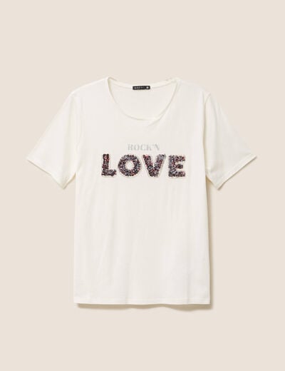 T-shirt &agrave; message col rond ecru femme